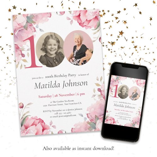 Elegant Pink Floral Photo 100th Birthday Party Invitation