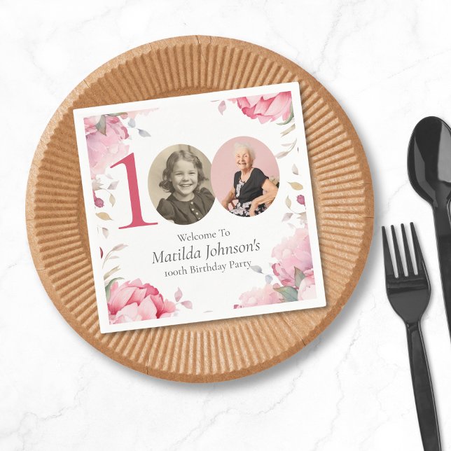 Elegant Pink Floral Photo 100th Birthday Party Napkins (Mockup View
)