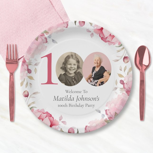 Elegant Pink Floral Photo 100th Birthday Party Paper Plates (Mockup View)