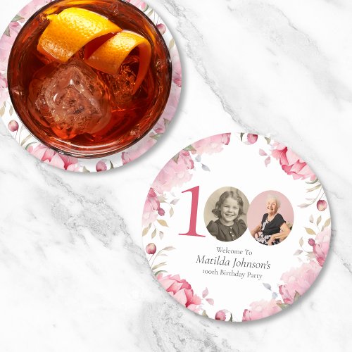 Elegant Pink Floral Photo 100th Birthday Party Round Paper Coaster