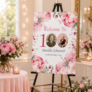 Elegant Pink Floral Photo 100th Birthday Welcome Foam Board