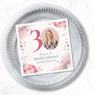 Elegant Pink Floral Photo 30th Birthday Party Napkins