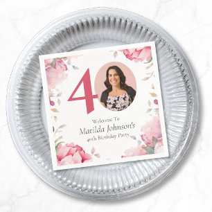 Elegant Pink Floral Photo 40th Birthday Party Napkins