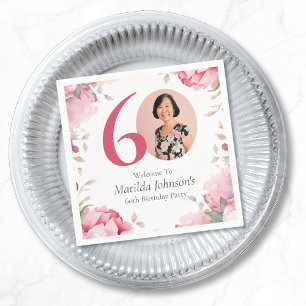 Elegant Pink Floral Photo 60th Birthday Party Napkins