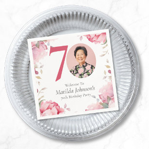 Elegant Pink Floral Photo 70th Birthday Party Napkins