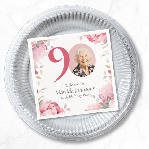 Elegant Pink Floral Photo 90th Birthday Party Napkins