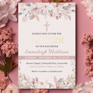 Elegant Pink Floral Photo Baptism Foil Invitation