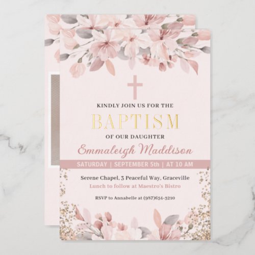 Elegant Pink Floral Photo Baptism Foil Invitation