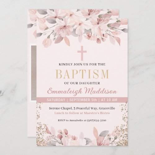 Elegant Pink Floral Photo Baptism Invitation