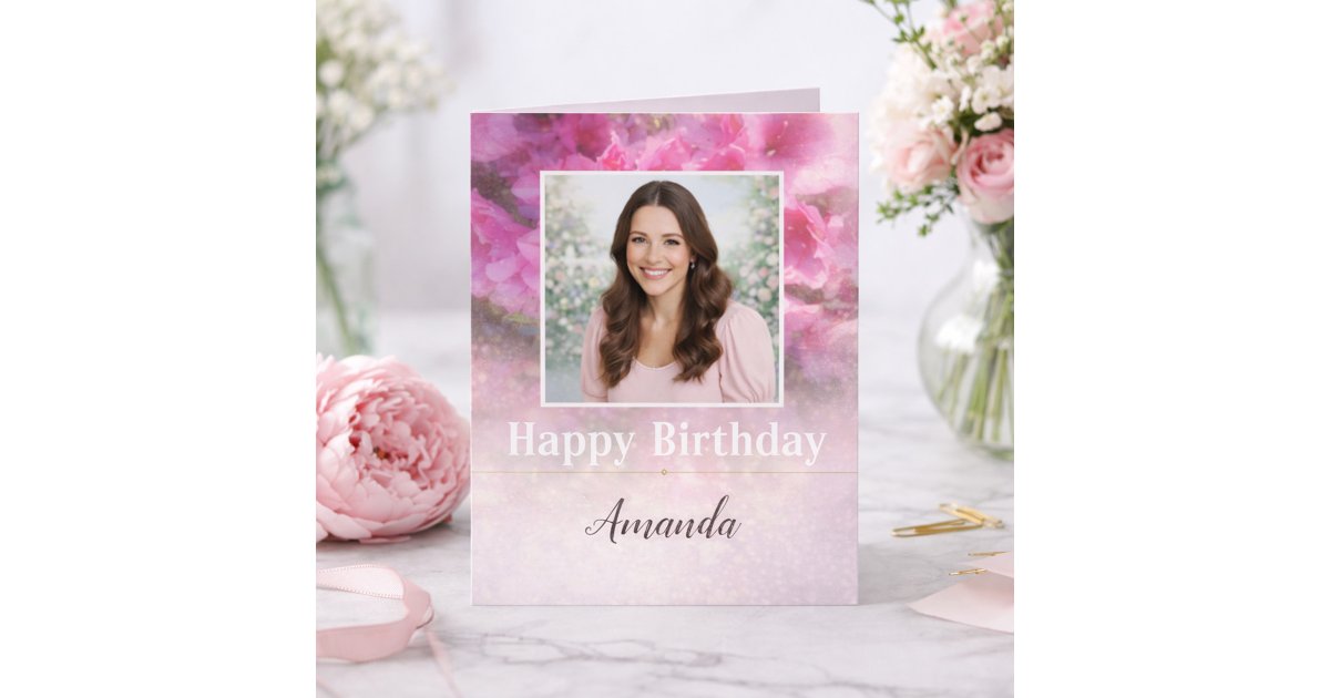 Elegant Pink Floral Photo Birthday for Her Card | Zazzle