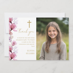 Elegant Pink Floral Photo First Holy Communion Thank You Card