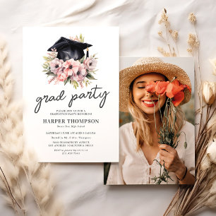 Elegant Pink Floral Photo Graduation Party Invitation