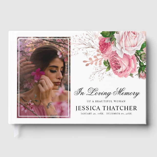Elegant Pink Floral Photo Memorial Keepsake Guest Book (Front)