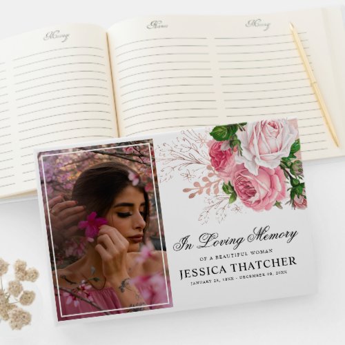 Elegant Pink Floral Photo Memorial Keepsake Guest Book
