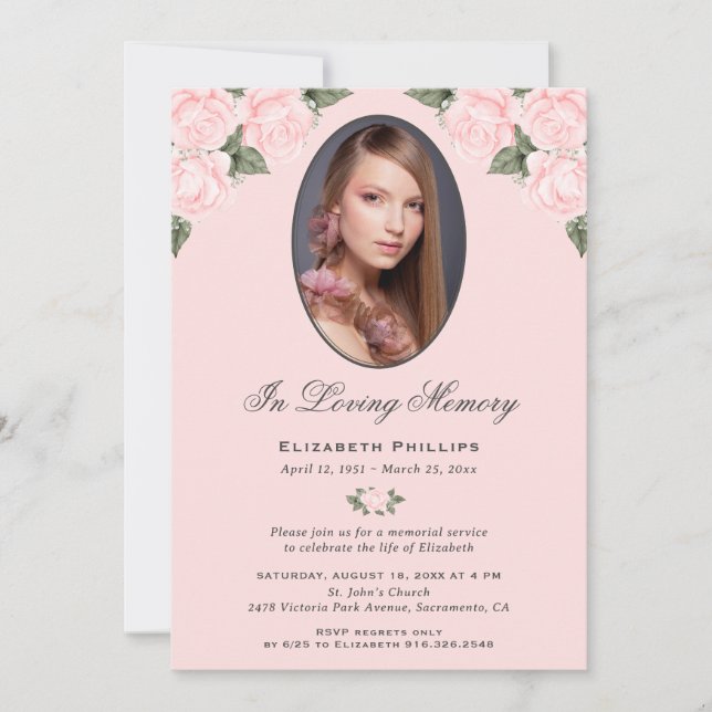 Elegant Pink Floral Photo Memorial Service Invitation (Front)