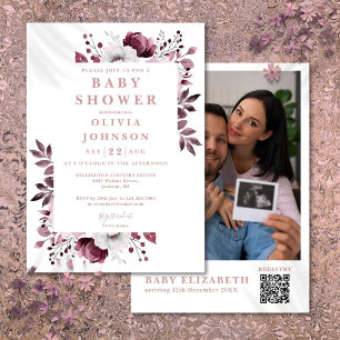 Elegant Pink Floral Photo QR Code Baby Shower Invitation