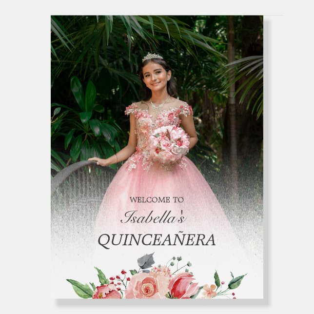 Elegant Pink Floral Photo Quinceañera  Foam Board (Front)