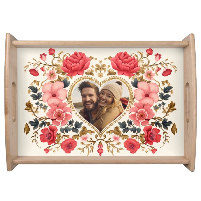 Elegant Pink Floral Photo Serving Tray (Front)