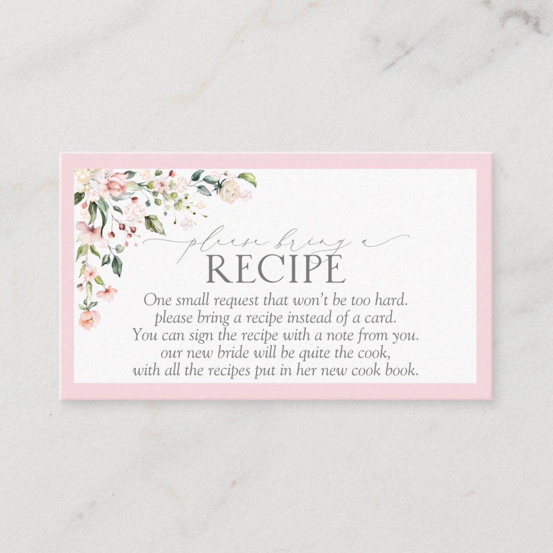 Elegant Pink Floral Please Bring A Recipe Enclosure Card | Zazzle
