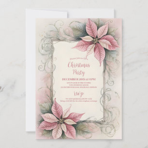 Elegant Pink Floral Poinsettia Christmas Party Invitation