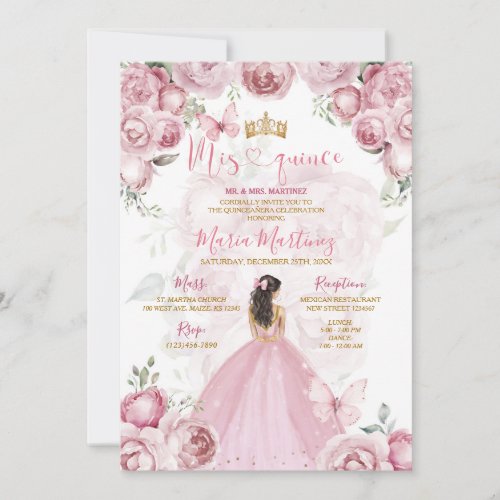 Elegant Pink Floral Princess Butterfly Mis Quince Invitation