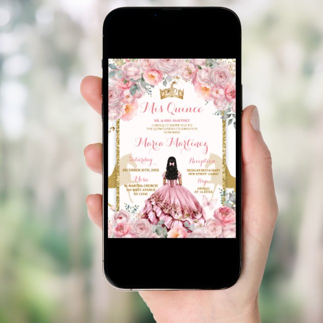 Elegant Pink Floral Princess Butterfly Quinceañera Invitation (Front Digital)