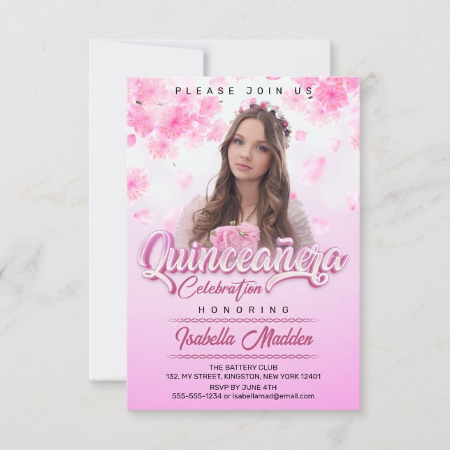Elegant Pink Floral Princess Quinceanera Photo Invitation (Front)