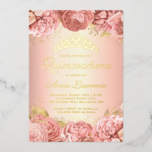 Elegant Pink Floral Quinceanera 15th Birthday Foil Invitation (Front)