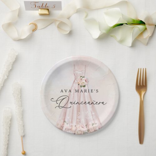 Elegant Pink Floral Quinceaera Birthday Paper Plates