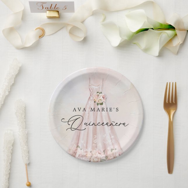 Elegant Pink Floral Quinceañera Birthday Paper Plates (Wedding)