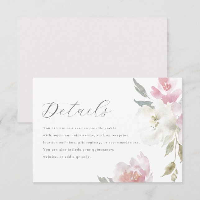Elegant Pink Floral Quinceanera Guest Details RSVP Card (Front/Back)