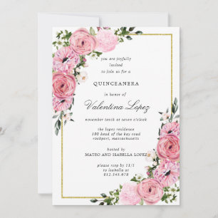 Elegant Pink Floral Quinceanera Invitation