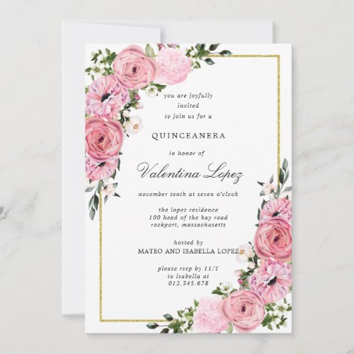 Elegant Pink Floral Quinceanera  Invitation