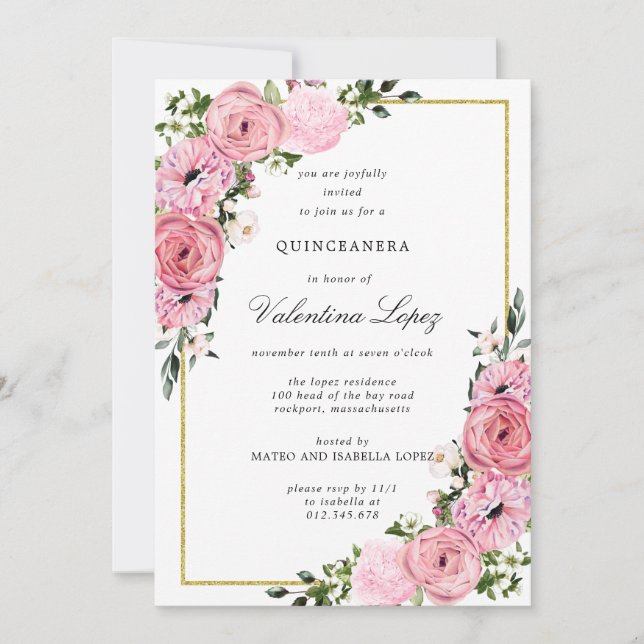 Elegant Pink Floral Quinceanera  Invitation (Front)