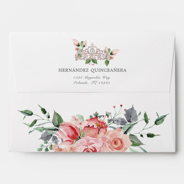 Elegant Pink Floral Quinceañera Invitation Envelope (Back (Top Flap))