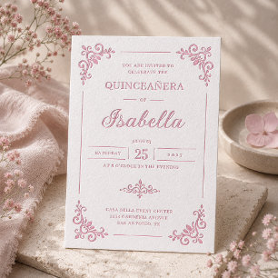 Elegant Pink Floral Quinceañera Letterpress Invitation