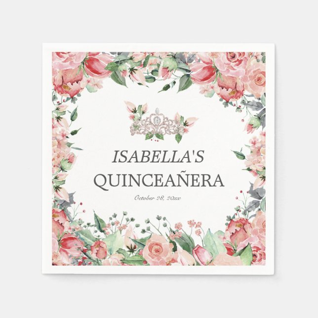Elegant Pink Floral Quinceañera Party Napkins (Front)