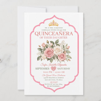 Elegant Pink Floral Quinceañera Princess Crown Invitation