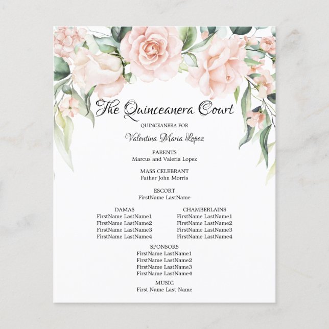 Elegant Pink Floral Quinceanera Program (Front)