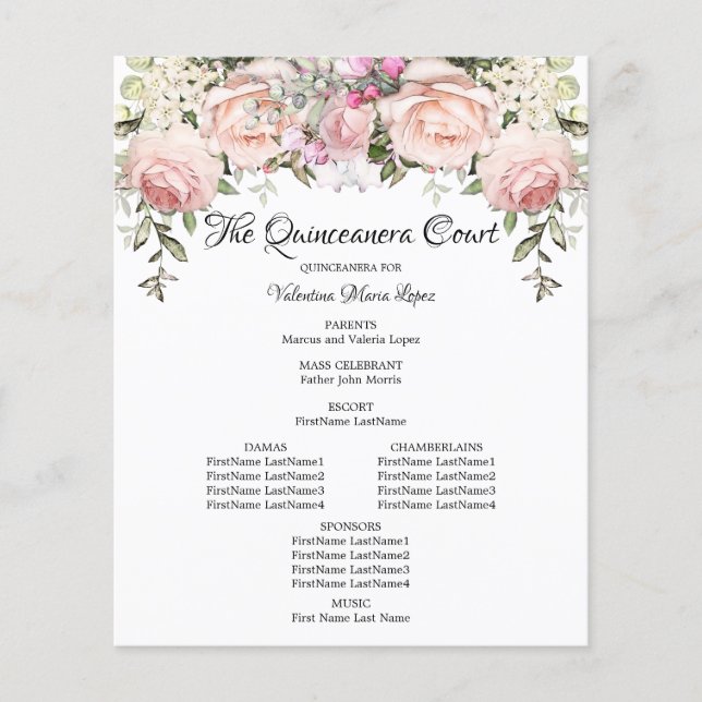 Elegant Pink Floral Quinceanera Program (Front)