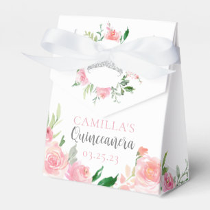 Elegant Pink Floral Quinceañera Silver Tiara Party Favor Boxes