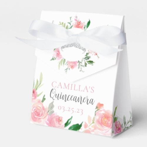 Elegant Pink Floral Quinceaera Silver Tiara Party Favor Boxes