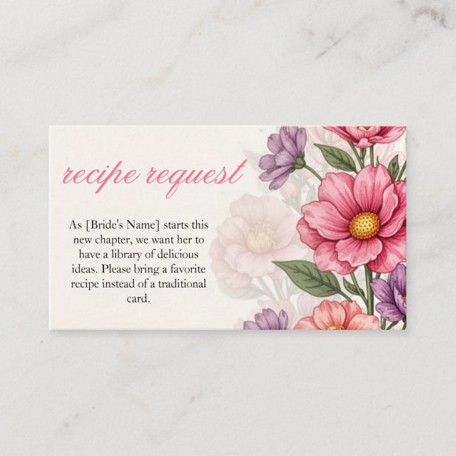 Elegant Pink Floral Recipe Request Enclosure Card (Front)