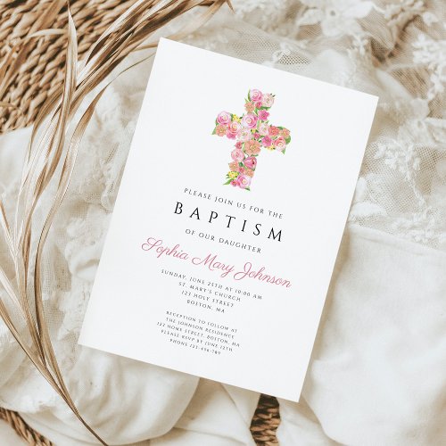 Elegant Pink Floral Religious Cross Baptism Invitation