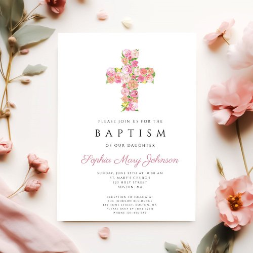 Elegant Pink Floral Religious Cross Baptism Invitation