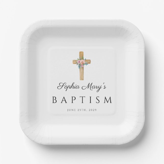 Elegant Pink Floral Religious Cross Baptism Paper Plates (Front)