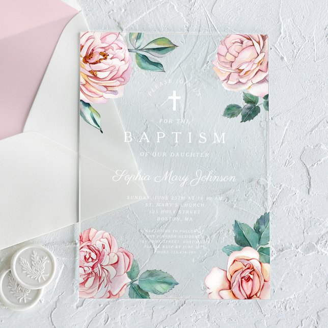 Elegant Pink Floral Religious Cross Girl Baptism Acrylic Invitations (Elegant Pink Floral Religious Cross Girl Baptism Acrylic Invitations)