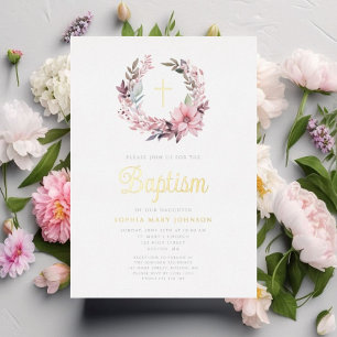 Elegant Pink Floral Religious Girl Baptism  Foil Invitation
