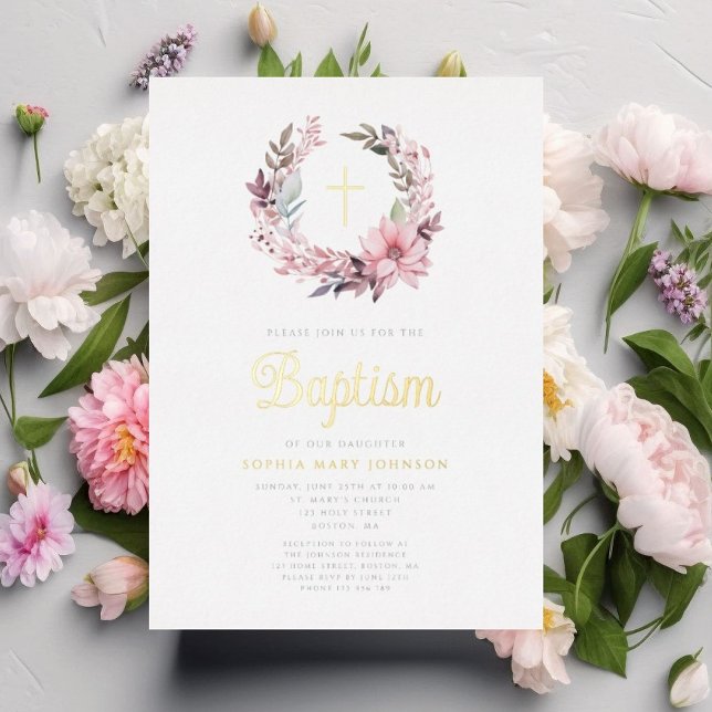 Elegant Pink Floral Religious Girl Baptism  Foil Invitation (Elegant Pink Floral Religious Girl Baptism Foil Invitation)