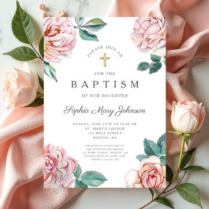 Elegant Pink Floral Religious Girl Baptism Invitation